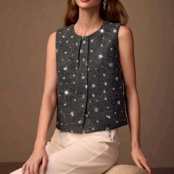 WOMEN WOOL BUTTON FRONT SEQUIN TANK TOP - Picture 2 of 4